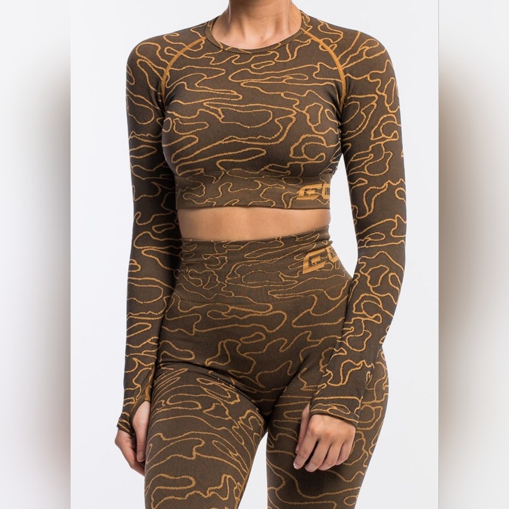 Echt Arise Seamless Camo Set Long Sleeve Top + Leggins Yellow Size Small